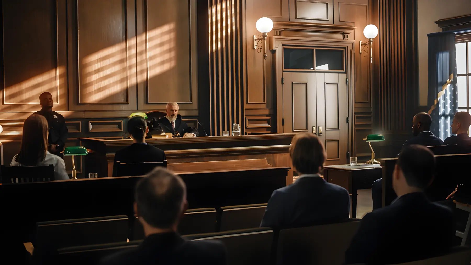 A courtroom interior scene from the perspective of the gallery, showing a judge presiding at the bench under natural sunlight, a bailiff standing nearby, and attorneys seated at their tables representing clients in a legal proceeding.
